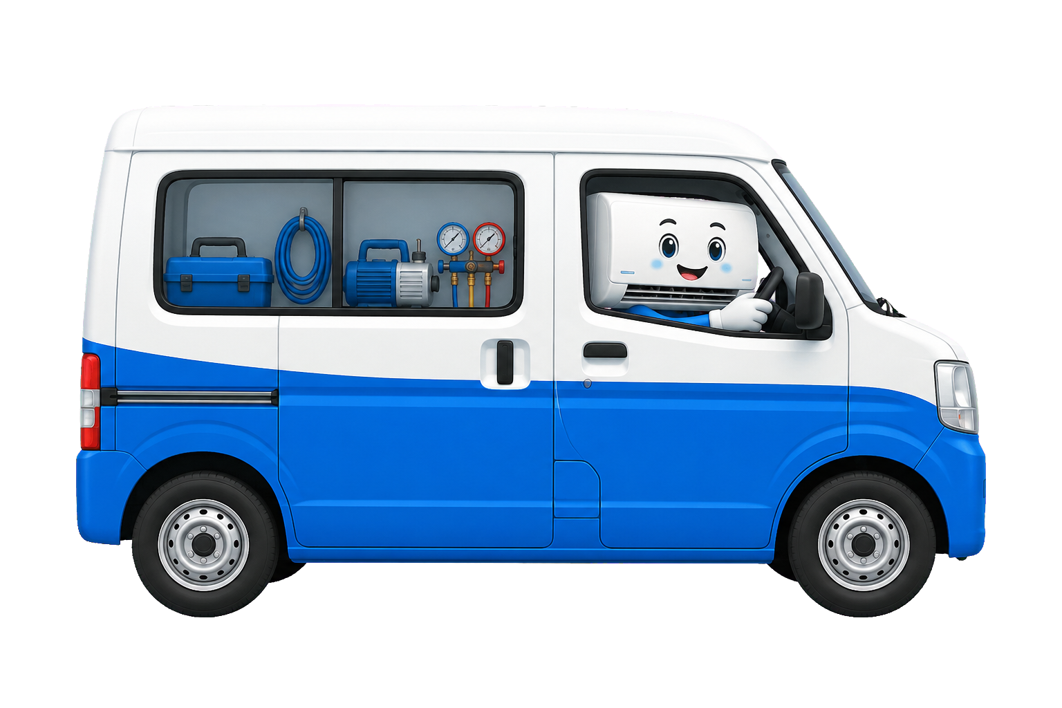 エアコンのキャラクターが運転するサービスカー
